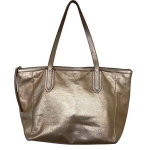 Fossil Sydney Shopper Tote Shoulder Bag Cowhide Leather Metallic Gold Zip Close